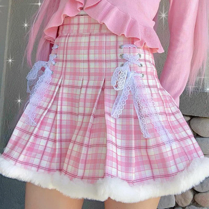 

Harajuku Kawaii Pleated Mini Skirt Women Korean Fashion Plaid Cute Lace Cosplay School Gilr Lolita Female Warm Short Tutu Skirts