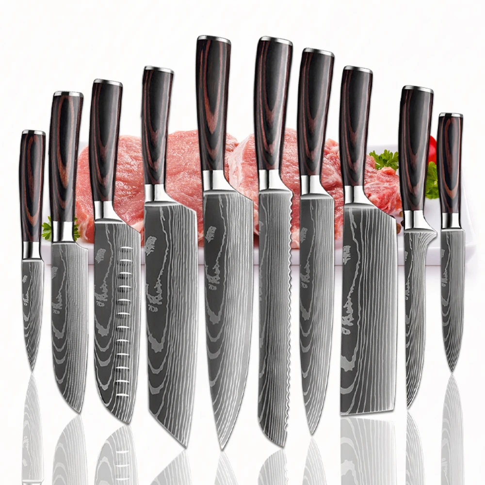 

Chef Knife Set Damascus Pattern Santoku Knife Utility Kitchen Utensils Cooking Cutter Stainless Steel Sharp Bread Cleaver Knife