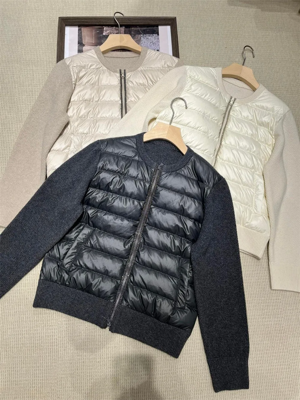 Женский пуховик в стиле пэчворк теплый кашемировый B * C с бусинами круглым