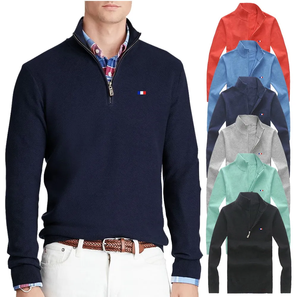 

Brand 100%Cotton Sweater Men Casual Sweaters Pull Homme Knitted Pullover Half Zipper Turtleneck Knitwear Polo-Collar 8504