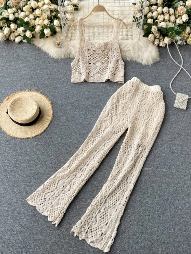 

Women Summer Fashion Sexy Sleeveless Hollow Out Knitted Short Strap Tops Long Flare Pants Two Piece Suits Boho Beach Clothing