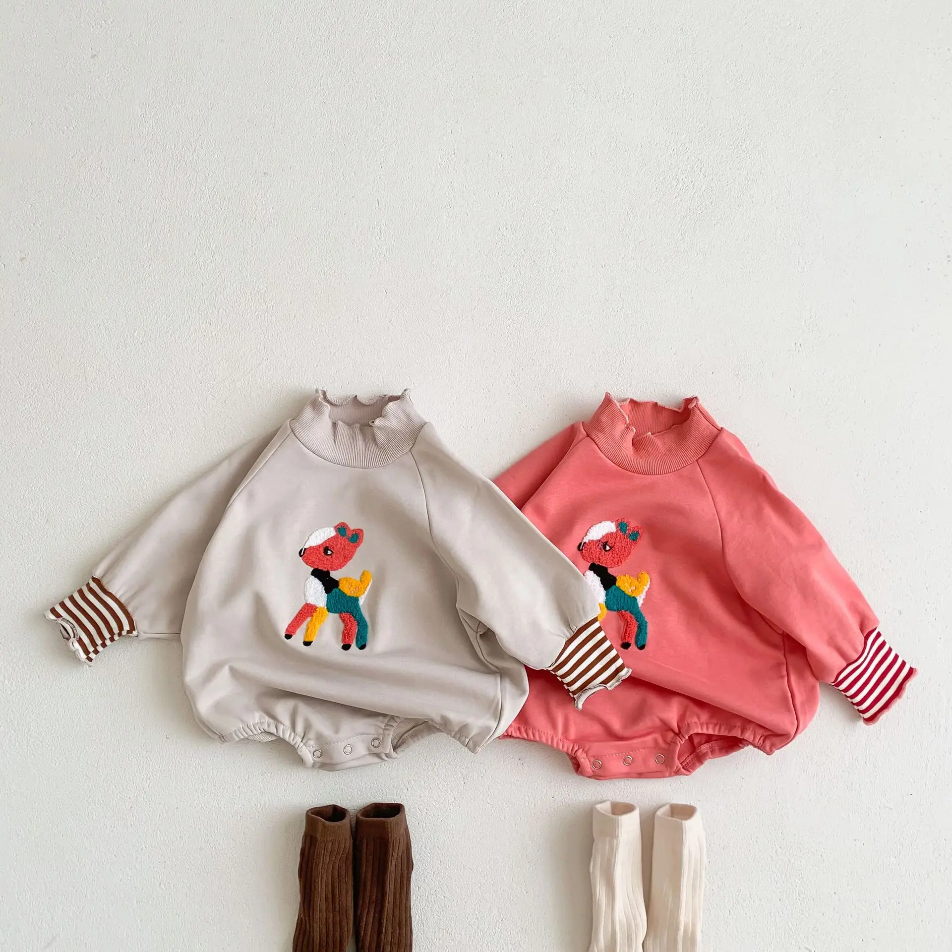 

2023 Spring Autumn Toddler Girls Romper Cotton Long Sleeve Cartoon Deer Patchwork Infant Girls Bodysuit Baby Girl Outfits