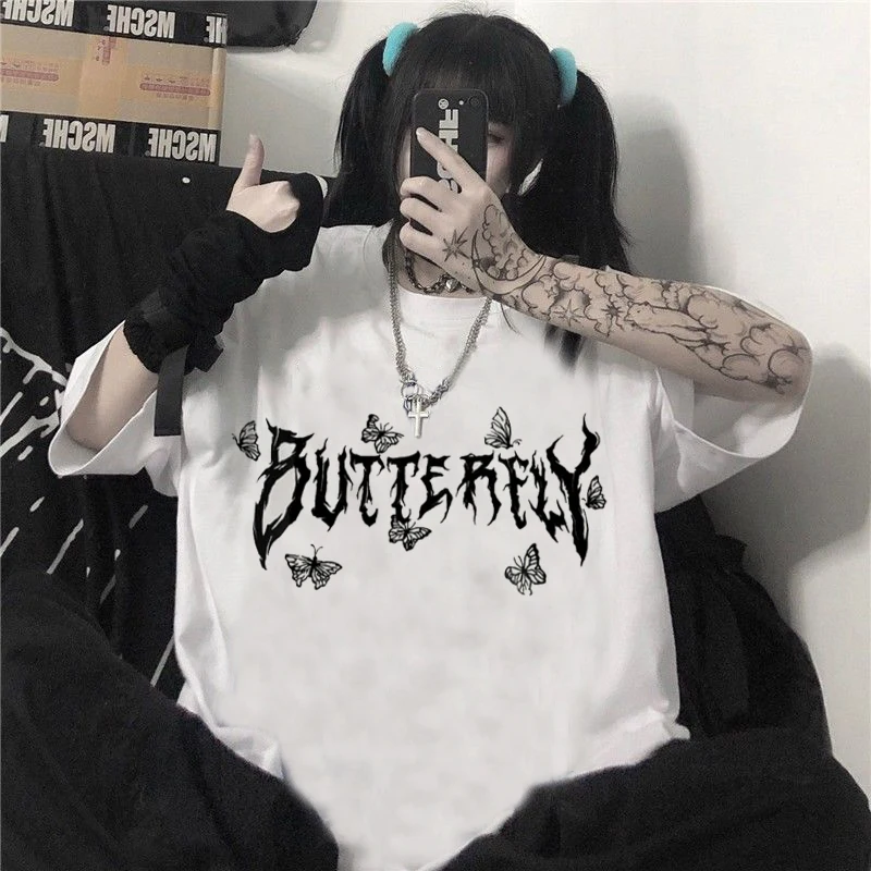 Women T-shirt Beautiful Gothic Oversized Tshirt Female Butterfly Letter Punk Cartoon Short Sleeve O-Neck Top Harajuku Summer tee |