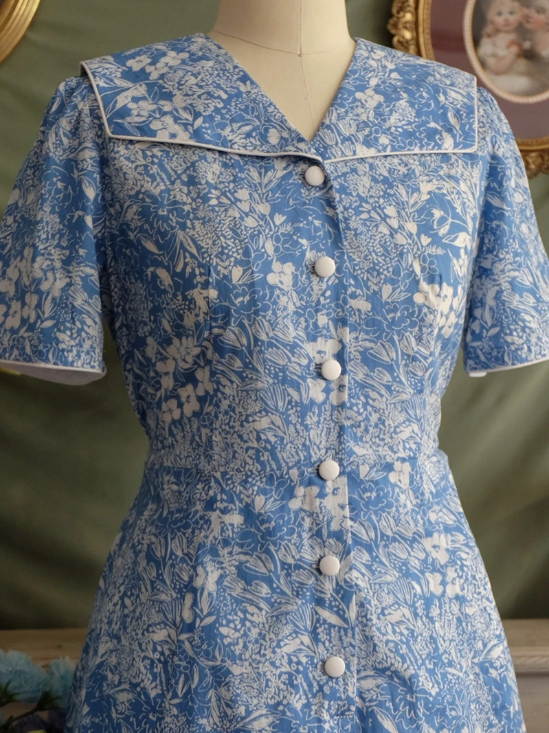 Spring Summer Women Loose Plus Size Vintage Style Cute Elegant Lady Romantic Blue Floral Blue Handmade Cotton Dresses