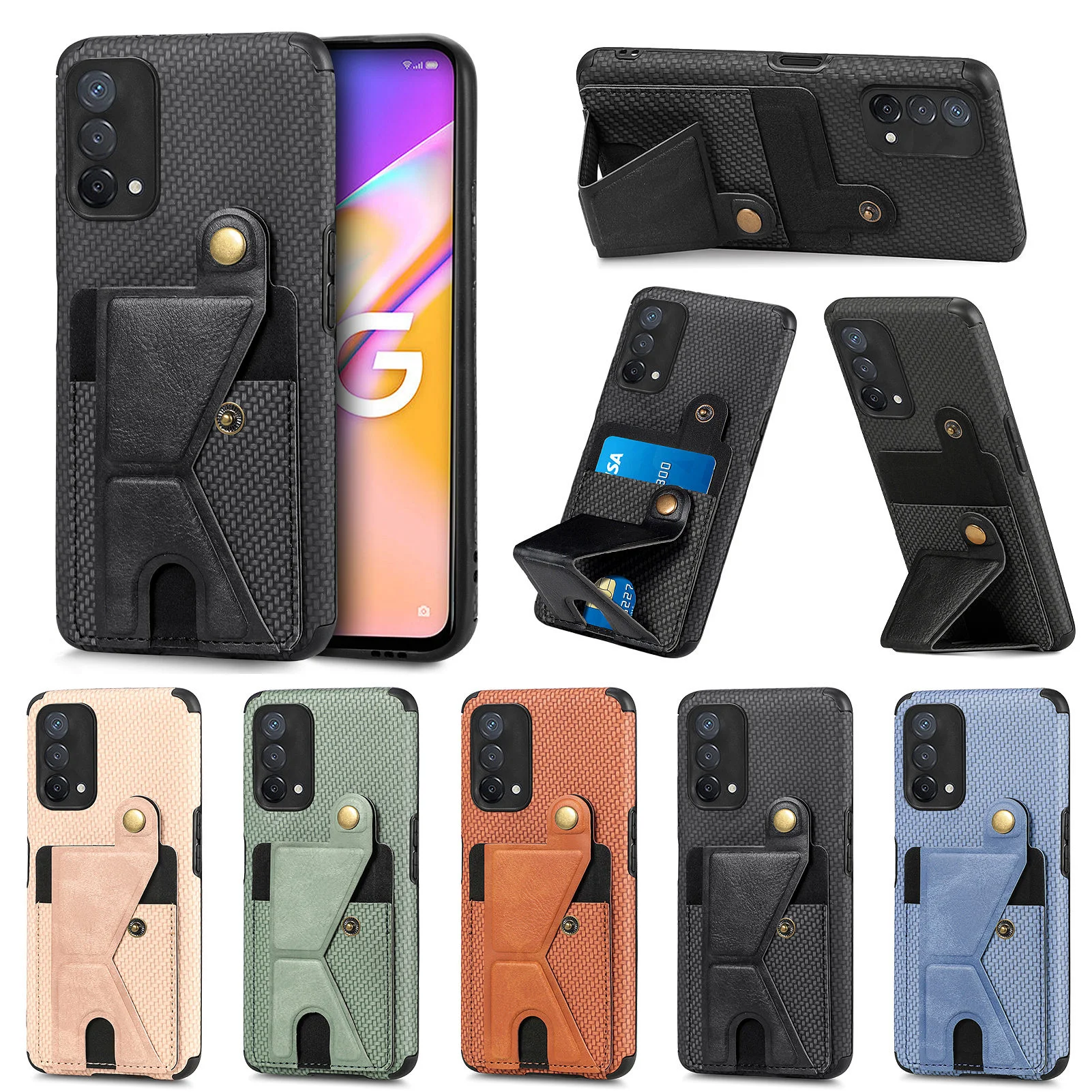 

Carbon Fiber Protective Case For OPPO A53 A57 A17 A52 A94 A93 A54 A74 Reno 7 Pro High-quality Card Holder Wallet Phone Cover