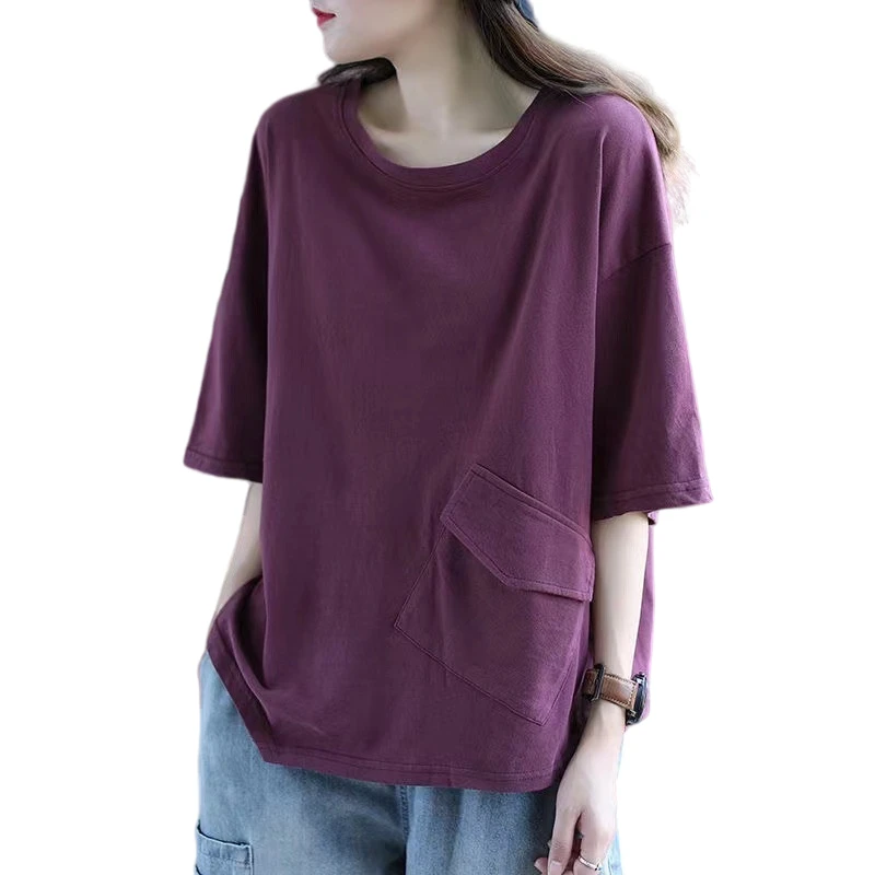 

2022 Summer New arrivals Cotton T shirt for women Purple and white color O neck with pocket female