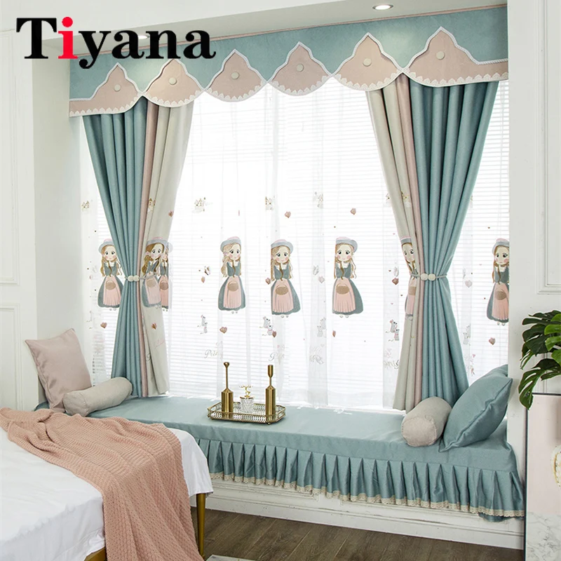 

Cartoon Children's Room Bedroom Blackout Curtains Bay Window Stickers Velvet Embroidery Hat Girl Tatami Pink Blue Short Curtains