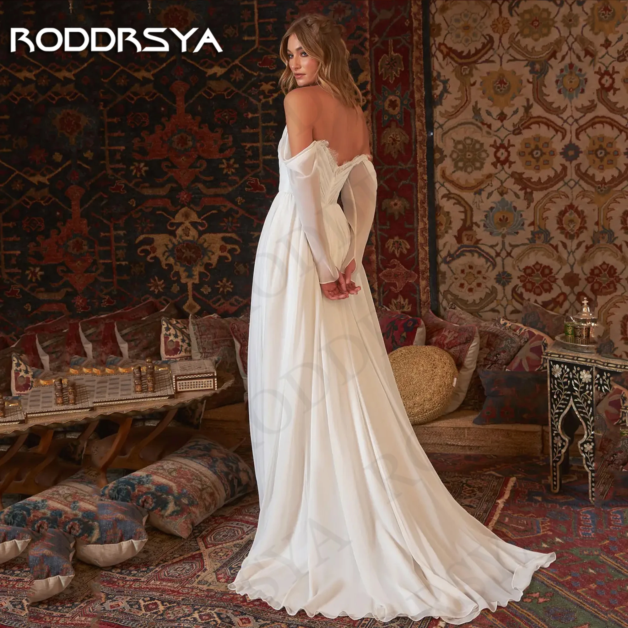 Женское свадебное платье RODDRSYA, богемное шифоновое платье А-силуэта с длинным рукавом и открытыми плечами, платье невесты, 2024 Богемные свадебные платья с длинным рукавом  Гражданский шик A Line шифон с плеча плать (art.: 3920c8a69a3c4) - 3920c8a69a3c4