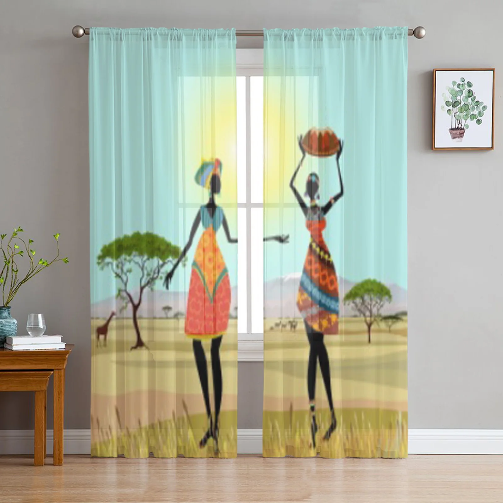 

African Women In Mountain Landscape Tulle Sheer Curtains for Living Room Bedroom Kitchen Decoration Voile Organza Curtains
