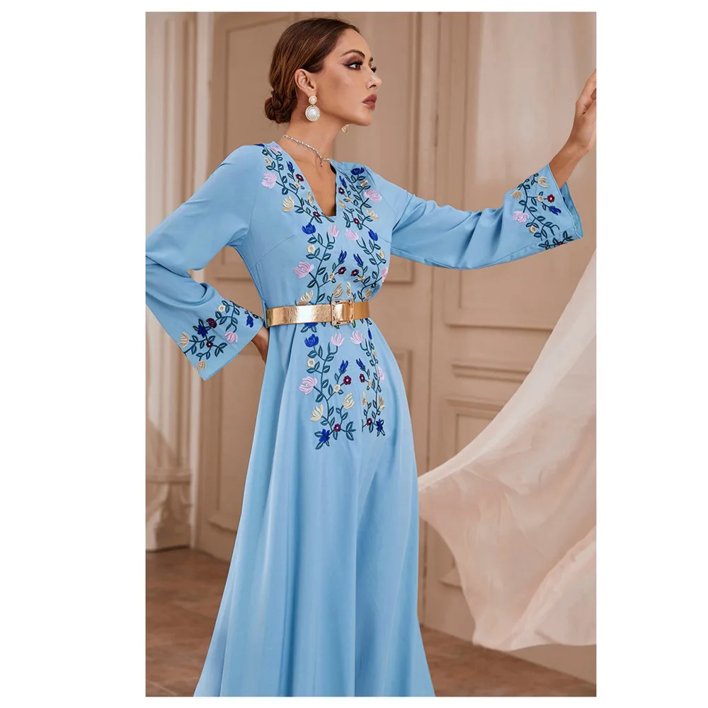 Muslim Dress 2022 Autumn New V-neck Embroidery Slim Dress with Belt