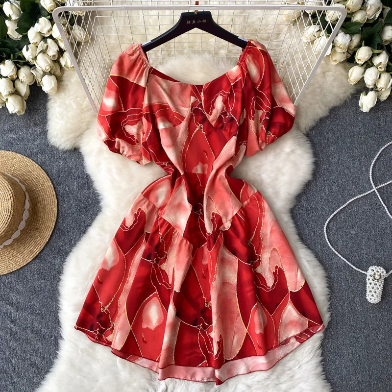 

Женское платье с запахом и рукавами-фонариками, маленькое платье принцессы во французском ретро-стиле с запахом на талии, лето