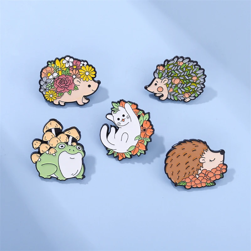 

Floral Animals Enamel Pins Custom Hedgehog Cat Frog Mushroom Brooches Lapel Badges Cute Kawaii Jewelry Gift For Kids Friends