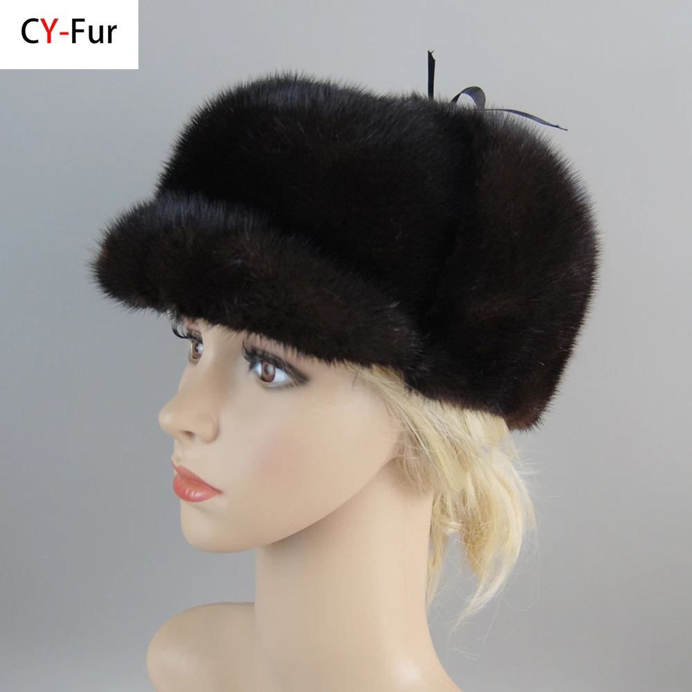 2023 Luxury Winter Women Top Real Mink Fur Bomber Hat Lady Genuine Marten Head Warm Black/Brown Caps Best Gift For Mother Gorras