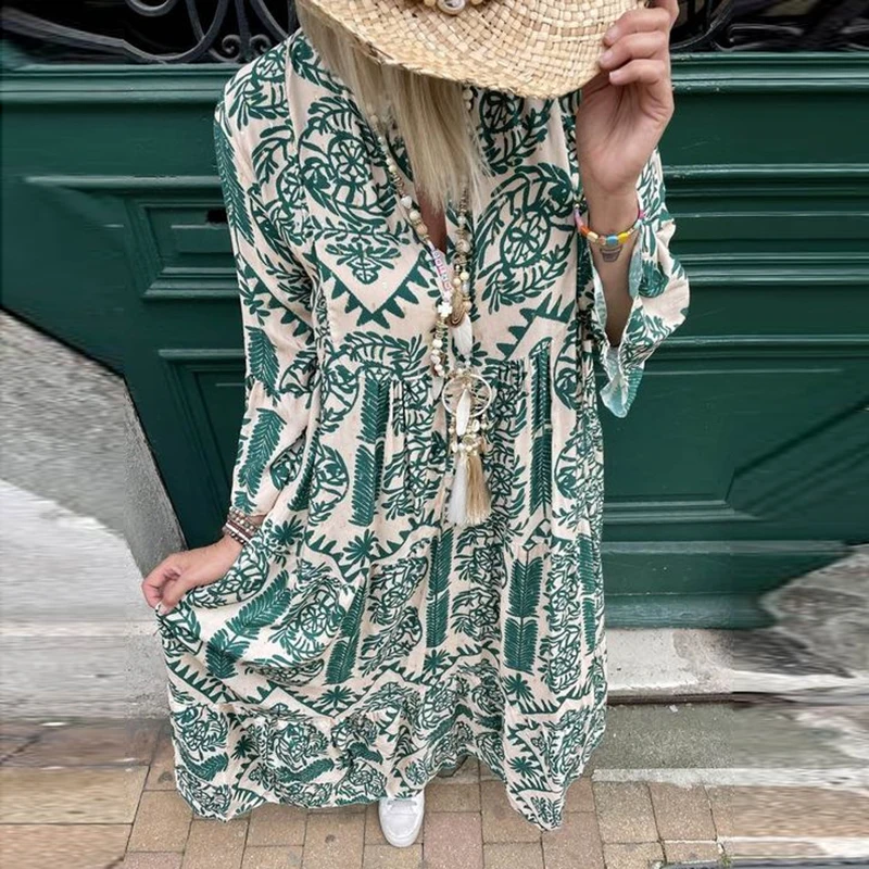 

Женское плиссированное платье-макси с V-образным вырезом и длинным рукавом