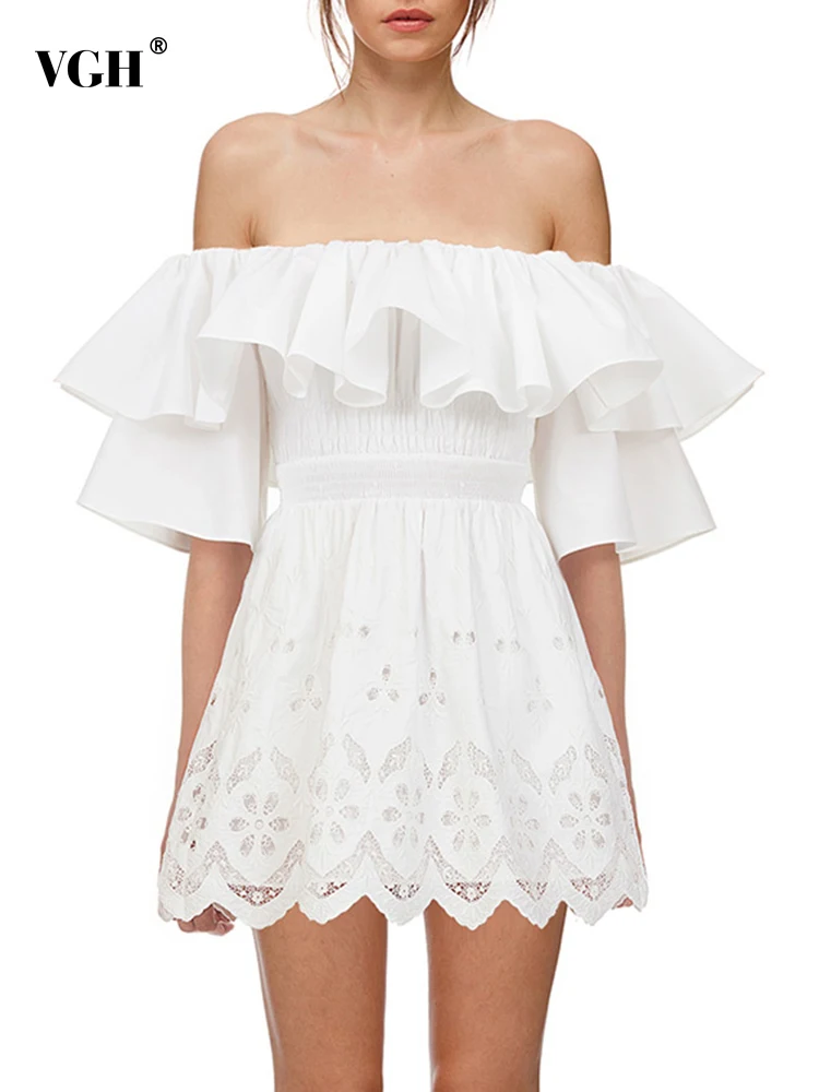 

Женское мини-платье с рюшами VGH, белое элегантное лоскутное платье с воротником-лодочкой, коротким рукавом и высокой талией, летняя модная о...