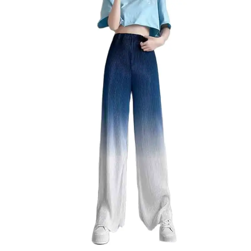 New Summer Casual Trousers Women's Drape DiscolorAtion Ice Silk Wide-leg Pants Women's Loose Oversize High Waist Slim Trousers