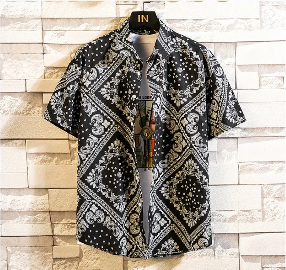 

Shirts Short New Summer Clothes For Men's Casual Striped Pattern Sleeve Tops Lapel Retro Oversized Vintage Clothing Camping