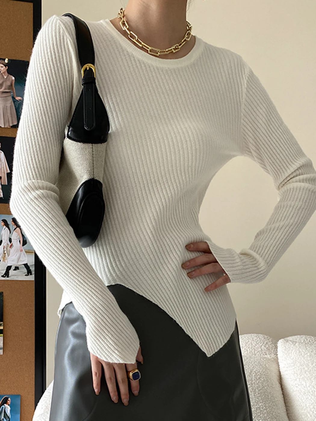 

Женский Асимметричный облегающий свитер, сезон осень 2022, эластичный пуловер с длинным рукавом и круглым вырезом, Повседневные Классические...