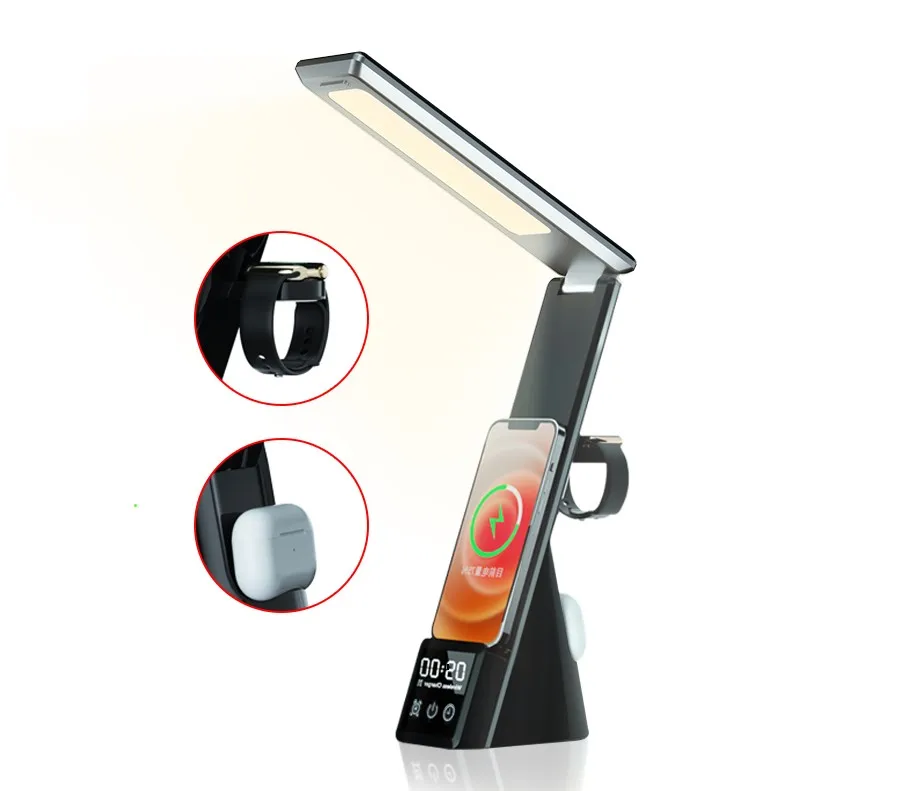 

Multifunctional Desk Lamp Charging Stand Wireless Phone Watch Charger with Led Display Time Clock Function for Home Office desk