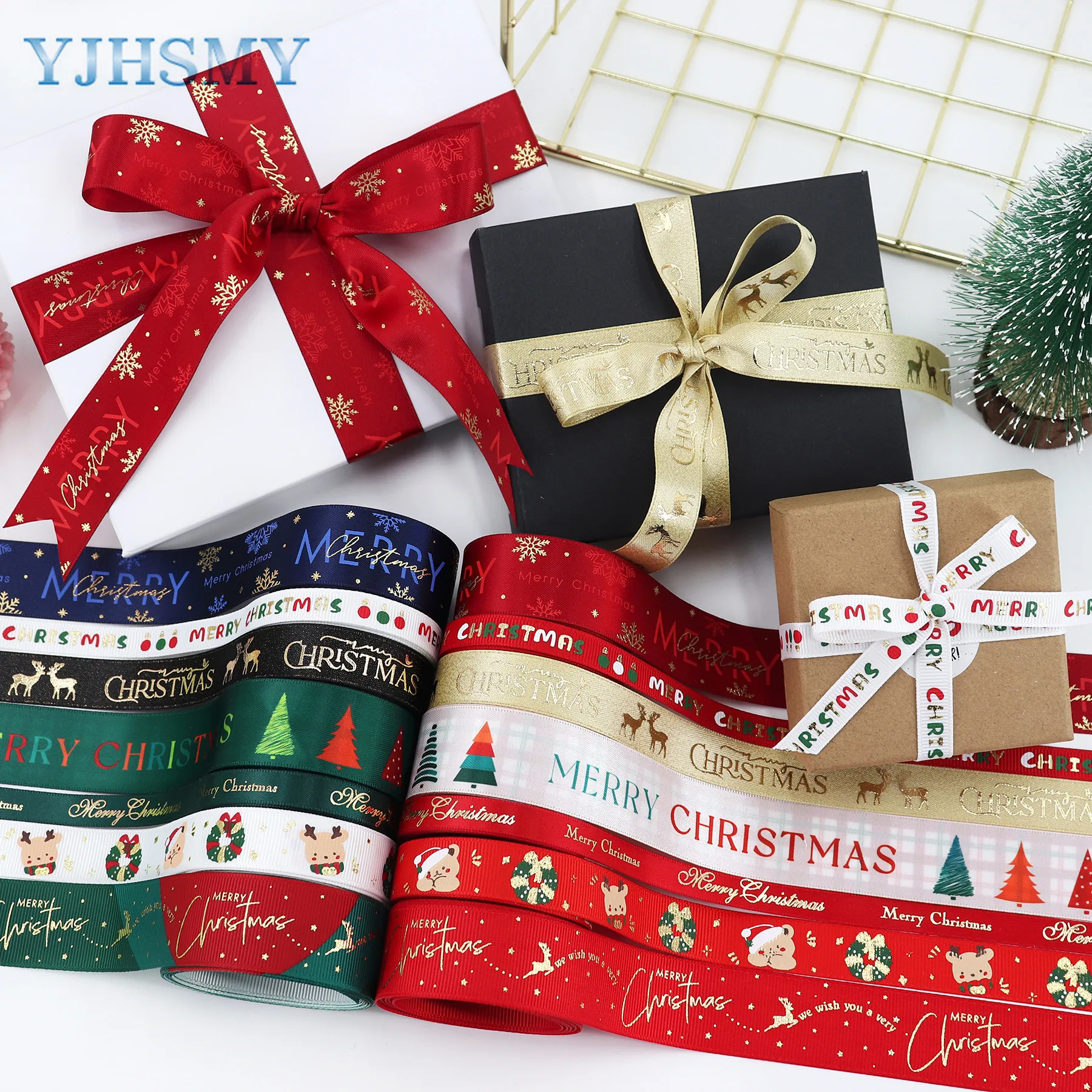 

Рождественские ленты для рукоделия, праздничные ленты в рубчик с принтом, атласные ленты, Металлические Блестящие Стандартные ленты для уп...