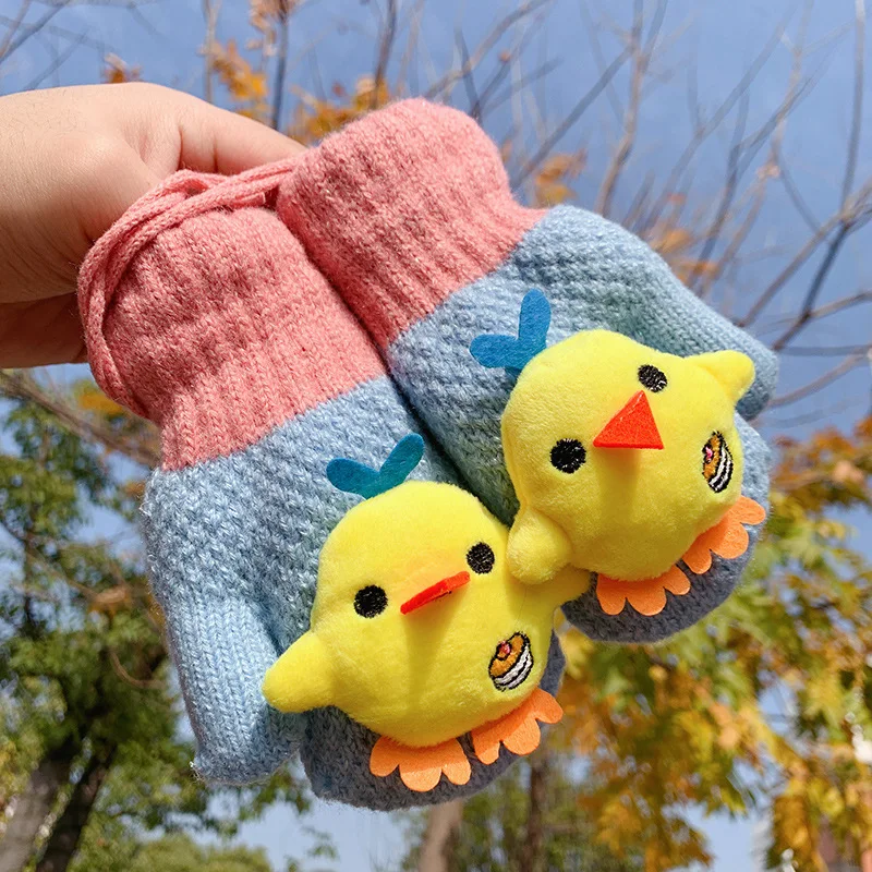 

1-6Y Cartoon Chicken Baby Mittens Winter Warm Kids Girl / Boy Gloves Knitted Children Toddler Plush Thick Teething Mitten