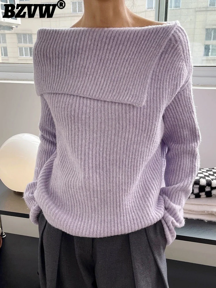 

BZVW Sexy Off Shoulder Designer Knitted Sweater Women Solid Color Fashion Casual Korean Pullovers Female Clothes 2023 New Items