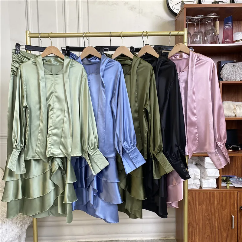 Islamic New Satin Round Neck Shirt Long Sleeve Ruffled Half Skirt Solid Color Slim Fit Muslim Women's Long Dress Two Piece Set
