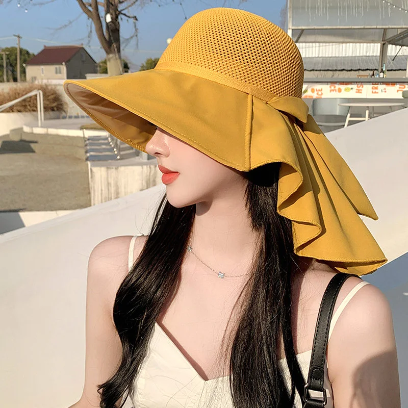 

Luxury Large Bowknot Ladies Face Neck Protection Sun Hat Women Summer Bucket Hat with Shawl Breathable Hollow Knit Beach Caps