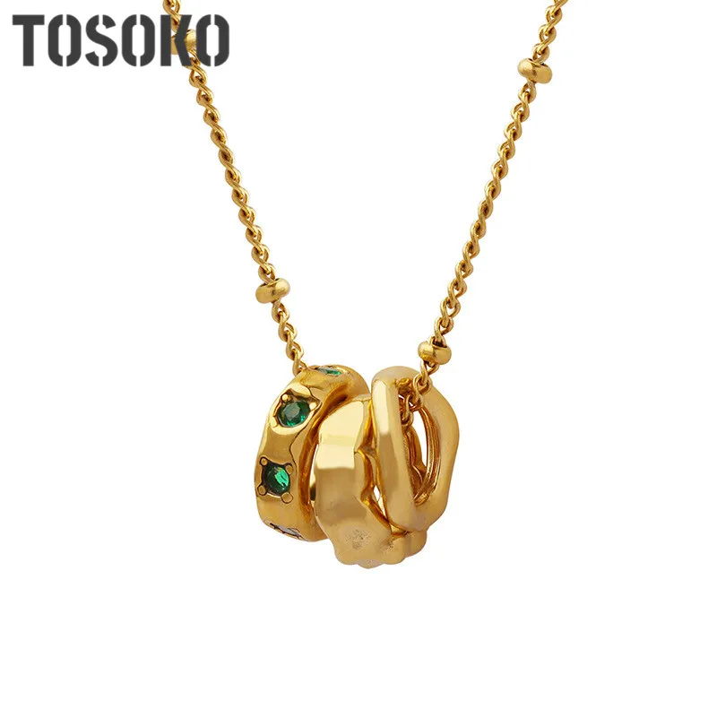

TOSOKO Stainless Steel Jewelry Zircon Inlaid Multi Ring Ring Pendant Necklace Female Fashion Clavicle Chain BSP708