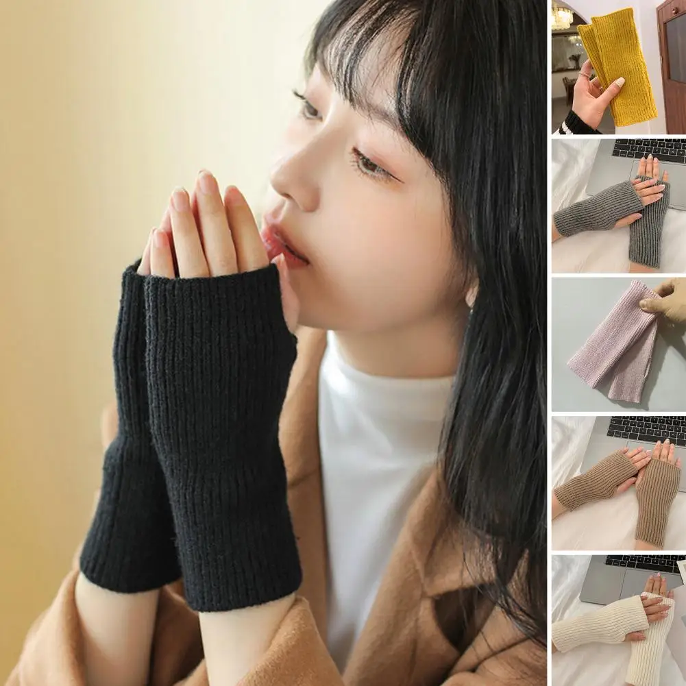 

1 пара осенне-зимние женские перчатки на запястье Однотонные эластичные вязаные митенки без пальцев с отверстием для большого пальца для ул...