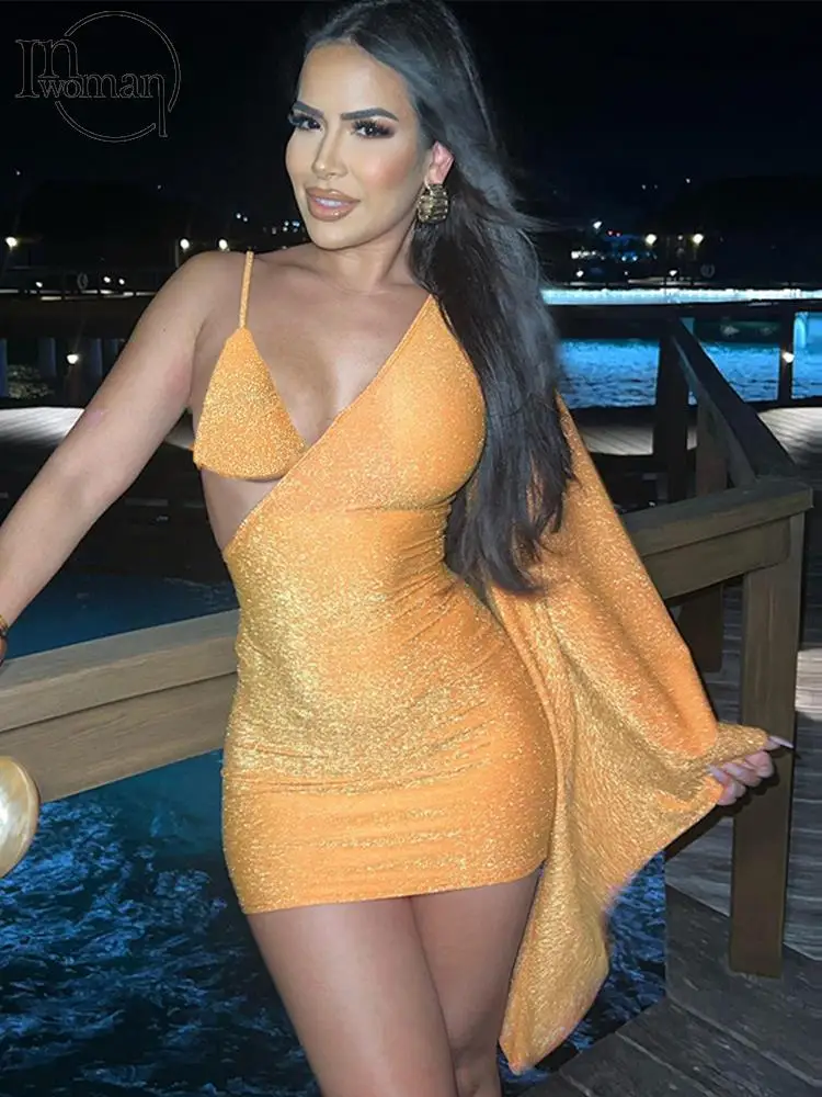 

Inwoman Fall Fashion Orange Bodycon Asymmetry Mini Dress Beach Vacation Outfits For Woman 2023 One Shoulder Backless Short Dress