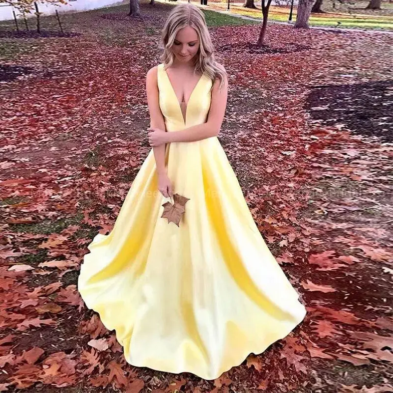 

Evening Dresses Formal A Line V-Neck Sleeveless Floor-Length NONE Train Bow Satin Yellow Sexy Back