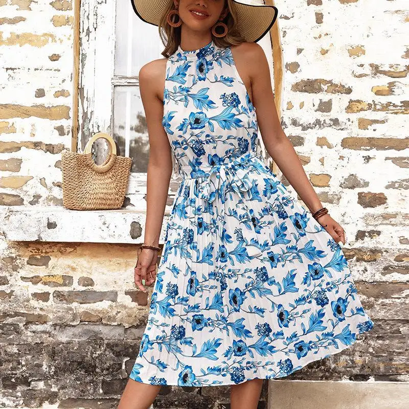 

Summer Clothes for Women New Temperament Women's Sleeveless Floral Halterneck Dress Vestidos Elegantes Para Mujer