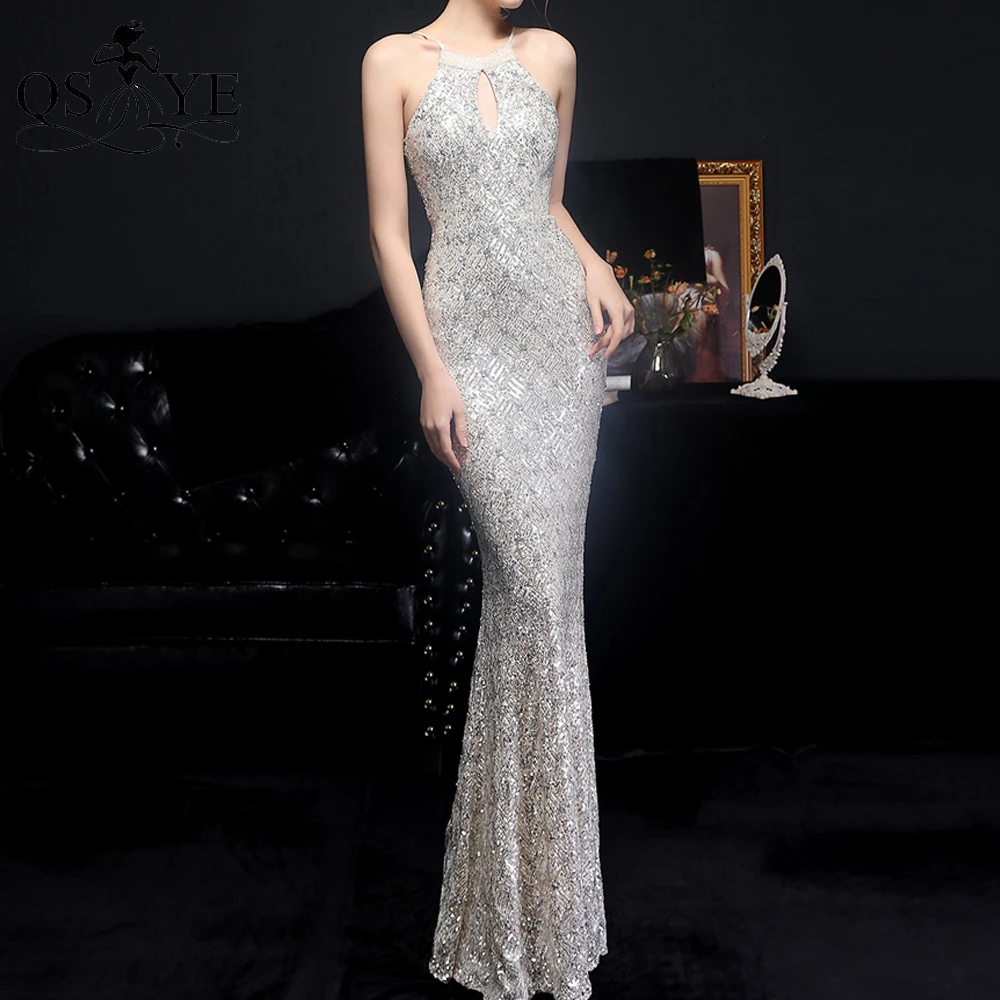 

Beading Halter Neck Silver Evening Dresses Mermaid Keyhole Prom Gown Maxi Sequin Party Formal Elegant Fitted Celebrity Dress