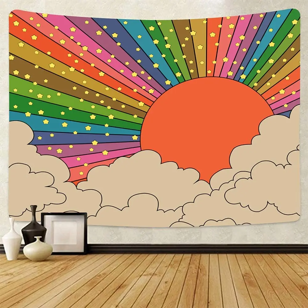 

Rainbow Sun Tapestry Wall Hanging Colorful Sunrise Room Aesthetic Art Decor Boho Star Clouds Tapiz Home Bedroom Decoration Mural