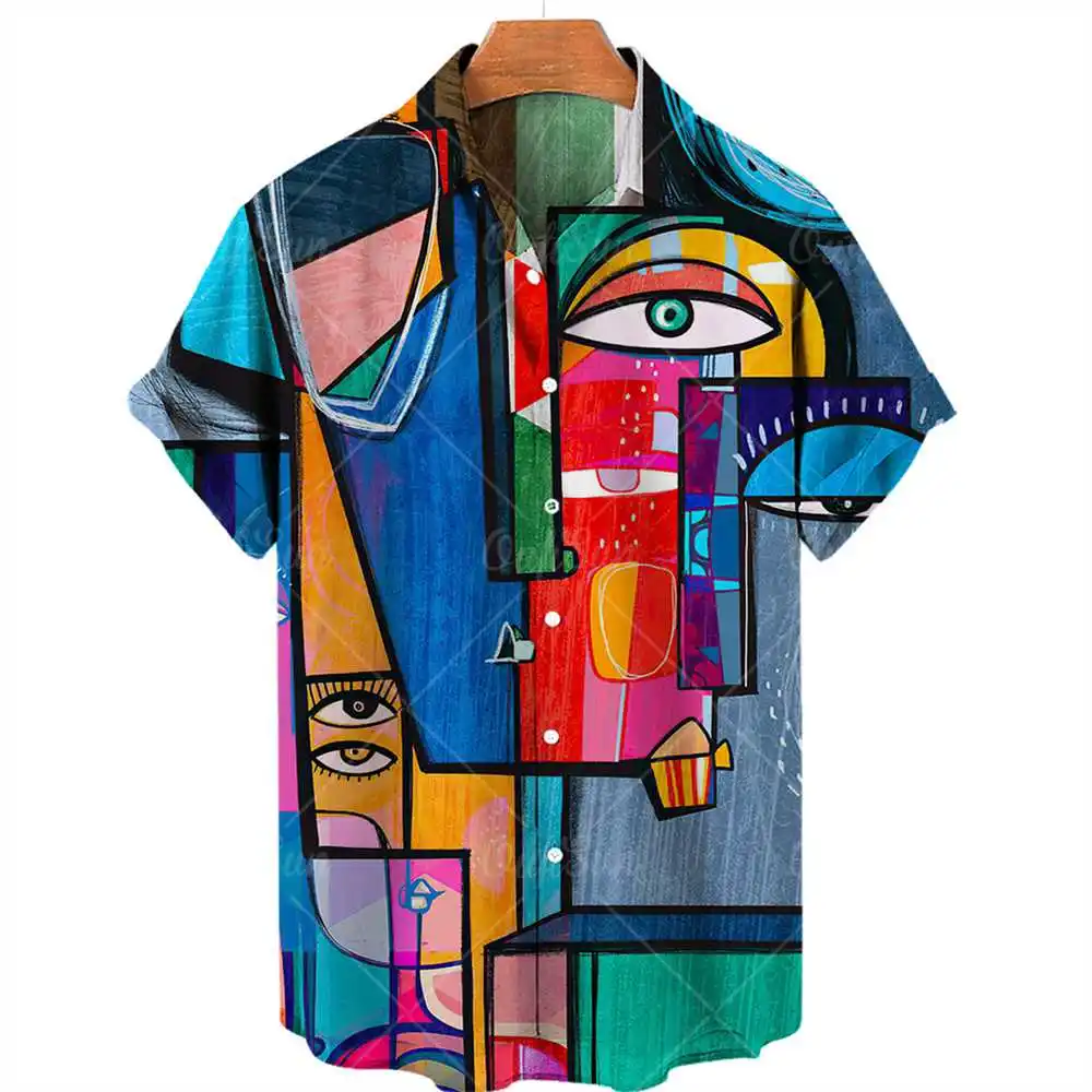 Harajuku 3d Graffiti Oil painting printed shirt men's fashion streetwear Hawaiian beach shirt Casual bar Size 2022