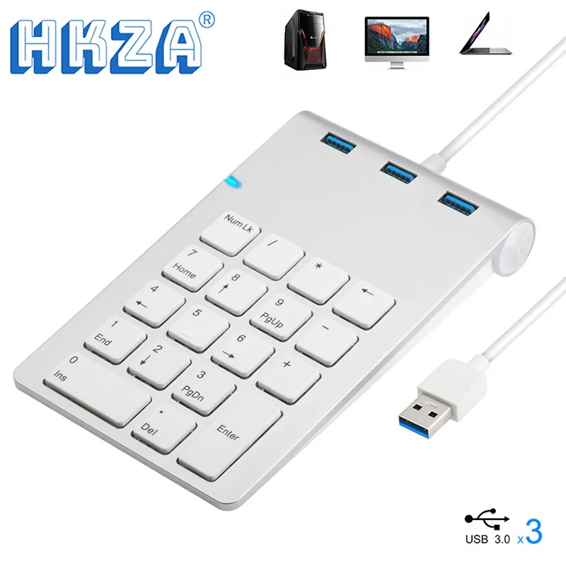 

HKZA USB Numeric Keypad 18 Keys with Three USB 3.0 Hubs for Mini Digital Keyboard Ultra Slim Number Pad PC USB Plug and Play