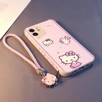 sanrio hello kitty pink kt cat wrist strap cell mobile iphone case for iphone 13 12 11 pro max xs xr 7 8 plus soft cover