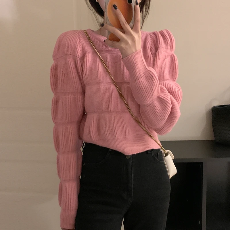 

WDMSNA Solid Color Puff Sleeve Women Sweater Korean Crop Top Women Autumn Winter Sweet Sueter Simple Round Neck Loose Pullover