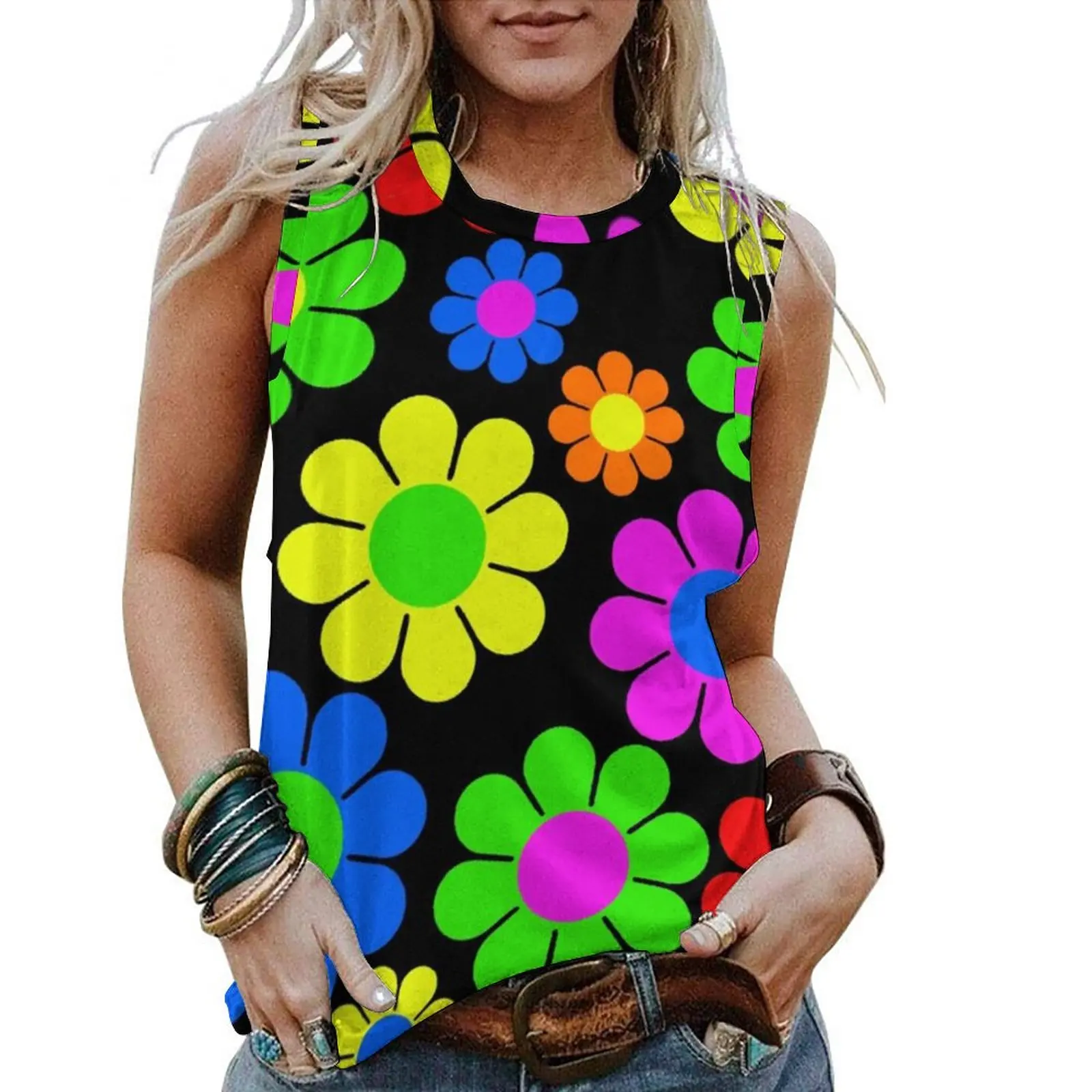 

Хиппи цветочный мощный топ с маргариткой весенний узор пикантный жилет без рукавов уличная одежда под заказ майки Клубная одежда большого ...