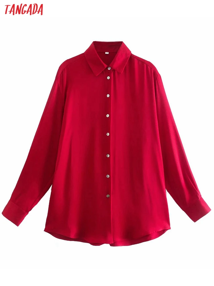 

Tangada Spring Women Red Satin Blouse Long Sleeve Chic Female Office Lady Shirt Blusas Femininas 4M64
