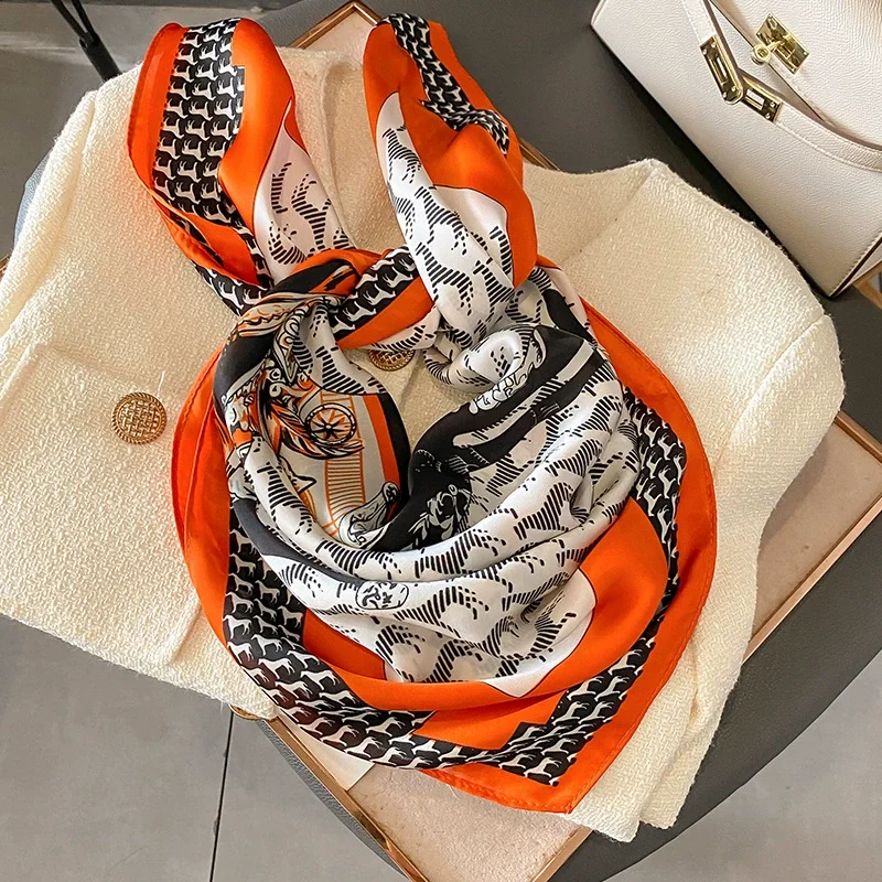 

2022 New 70*70cm Silk Satin Hair Scarf Women Handkerchief Printed Female Square Head Bandana Small Neck Muffler Hijab Lady Girl