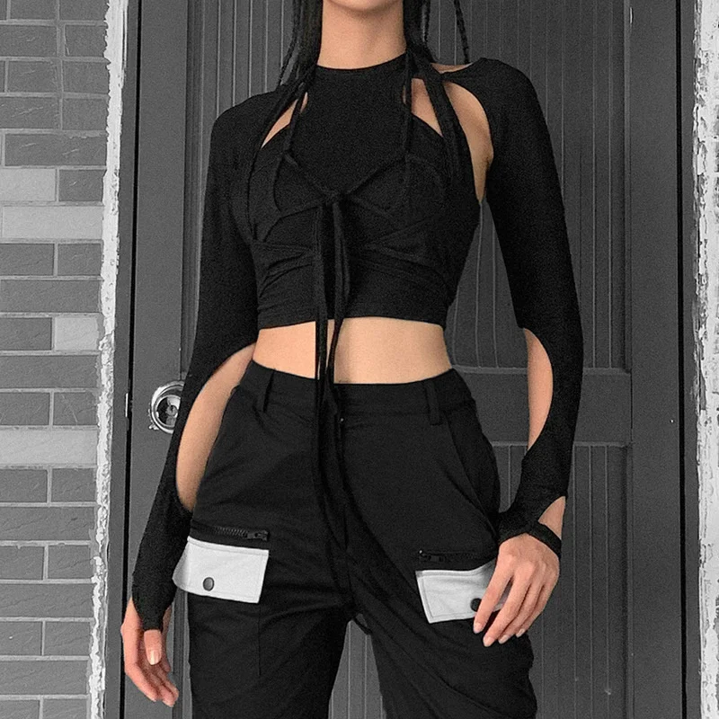 

Rosetic New Designed Fashion Women Goth Long Sleeve T-shirt Hollow Out Patchwork Lace Up Round Neck Gothic Style Ladies Tops