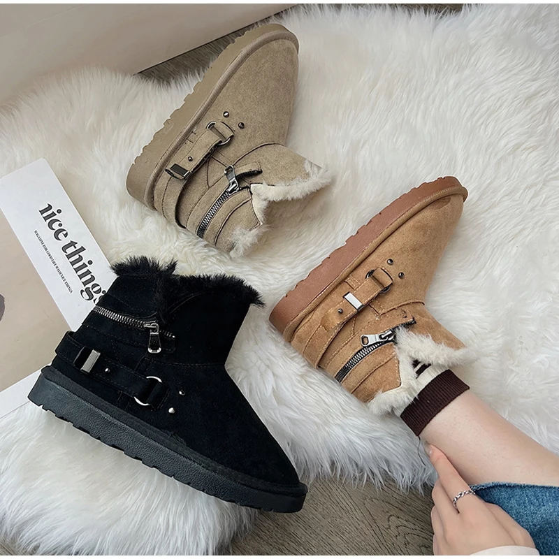 

New Winter Women Snow Boots Female Thick Bottom Flock Keep Warm Plush Booties Ladies Soild Fashion Buckle Casual Cotton Boot