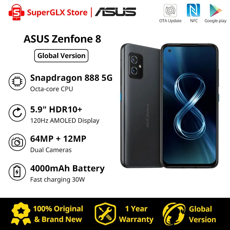 

In Stock ASUS Zenfone 8 5G Global Version Smartphone 128GB/256GB Snapdragon 888 5.9'' IP68 Water-Proof Android Mobile Phone NFC