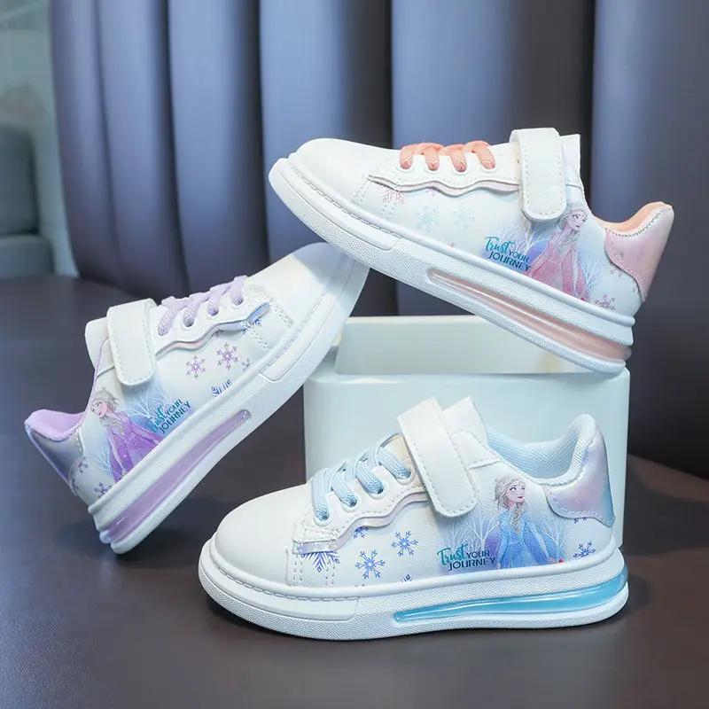Disney Girls' White Shoes Leather Cartoon Princess Elsa Shoes Spring Girls'  Sports Blue White Shoes Sneakers Size 26-37 images - 6