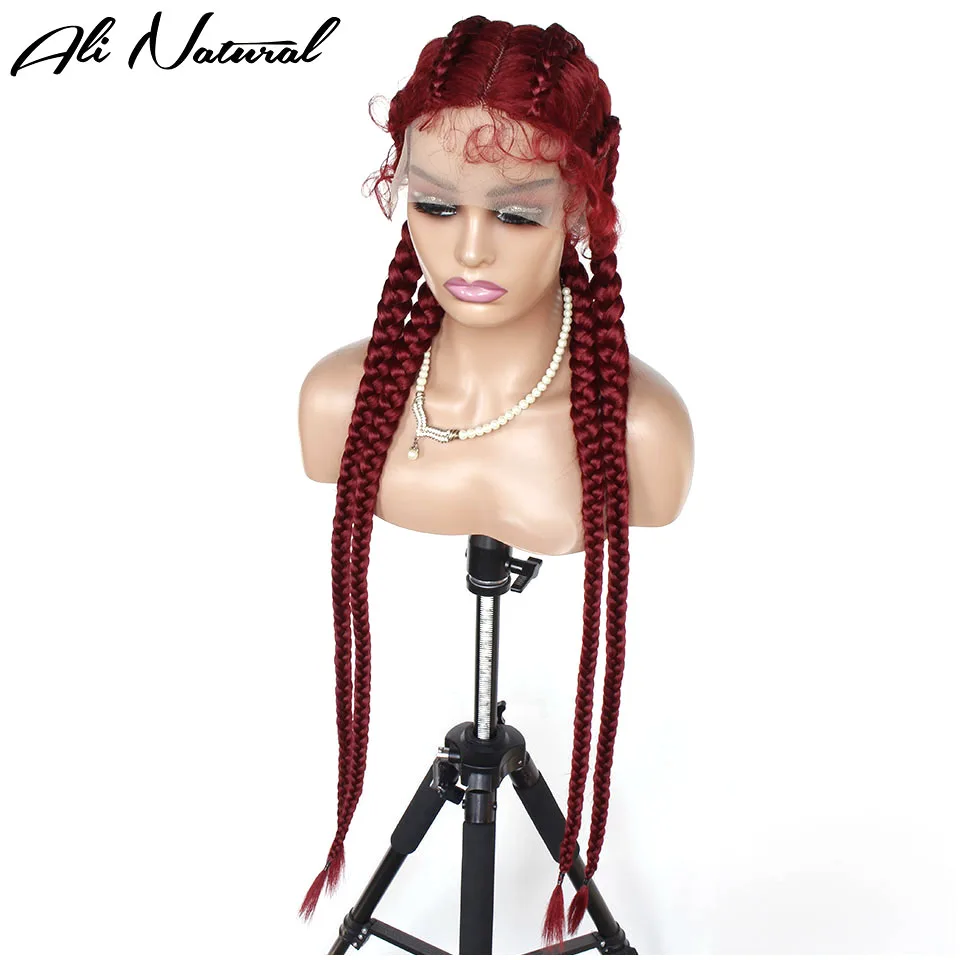 99J Burgundy Red Color 4 Box Braids Synthetic Lace Wig Full Hand Braided Heat Resistant Fiber Hair Lace Wig For Afro Black Women