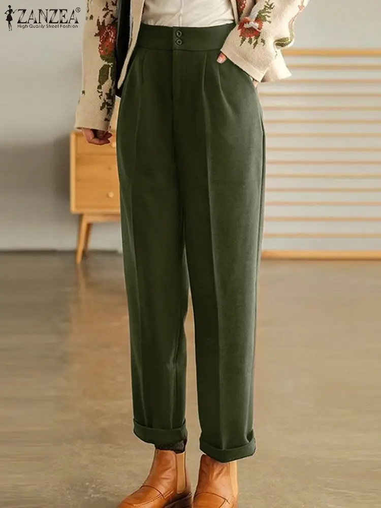 

Stylish Casual Oversized Holiday Office Palazzo Turnip ZANZEA Spring Solid Color Women Pants Femme Front Zipper Pockets Pantalon
