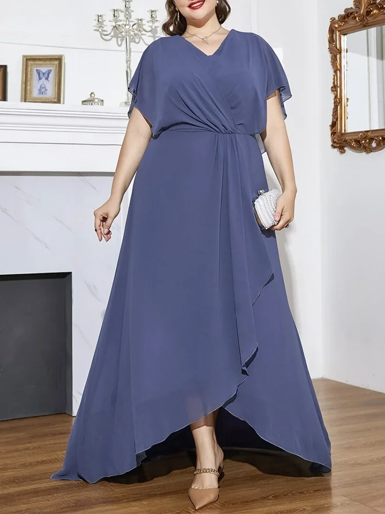 Plus Size V Neck Short Sleeve Chiffon Dress 5XL 6XL Loose Ruffle Blue Elegant Commuter Long Dress Plus Size Women