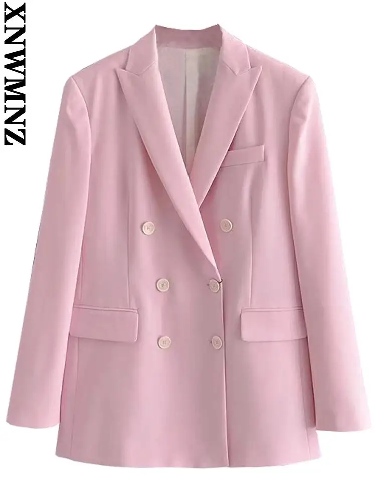 

XNWMNZ Women 2022 fashion double breasted office wear blazer coat vintage long sleeve flap pockets female outerwear chic veste